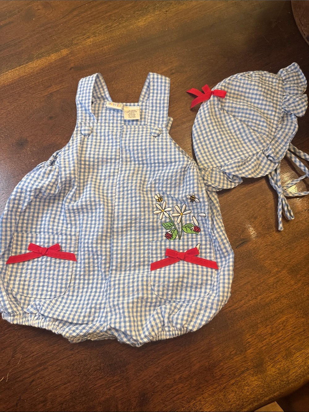 Baby you’re it! Children's Blue Gingham Floral Bubble Romper with Matching Hat